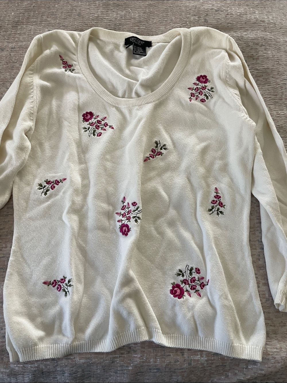 Karen Kane Cream Sweater with Pink Floral Embroidery